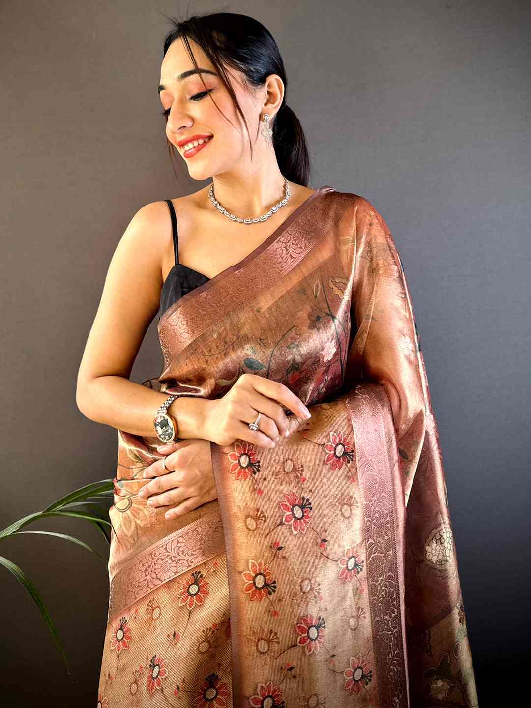 Maroon Floral Satin Bentex Border Saree by My Store
