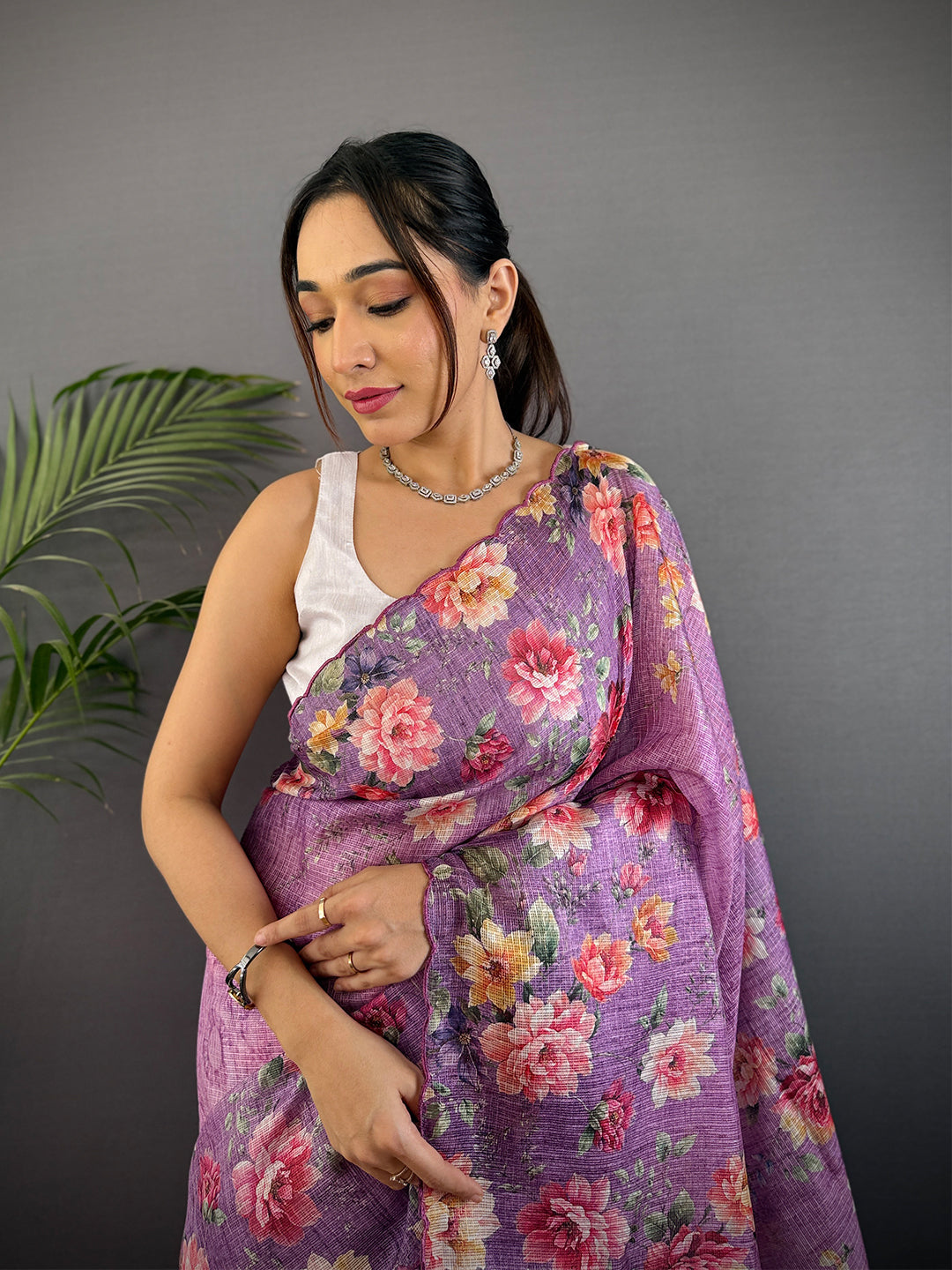 Lavender Kota Doriya Floral Cut Work Saree by My Store