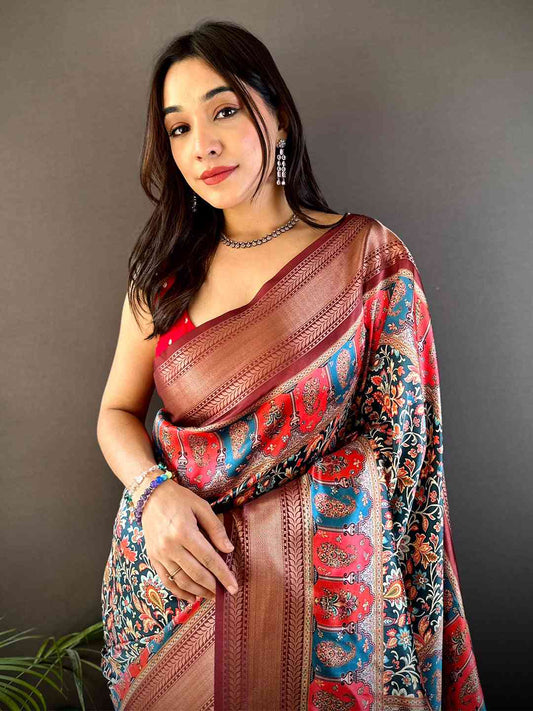 Brown Mughal Kalamkari Print Pashmina Saree by My Store