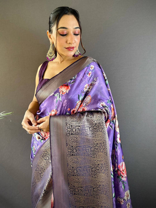 Purple Satin Silk Floral Print Saree by My Store