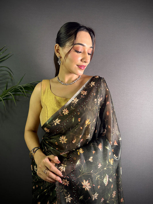 Olive Green Linen Juth Digital Print Saree by My Store