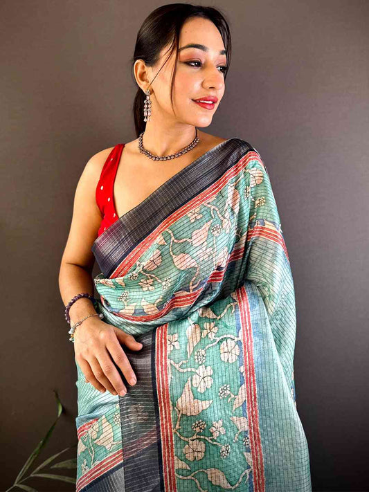 Graceful Green Soft Silk Chex Saree by My Store