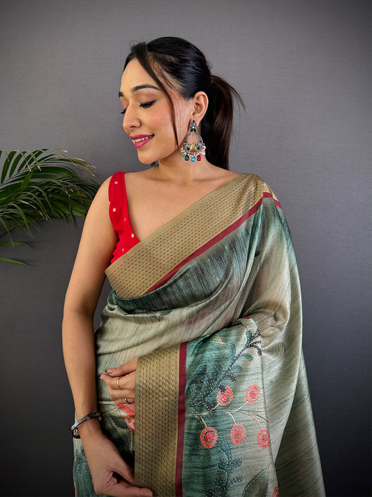 Rama Tussar Silk Digital Print Saree by My Store