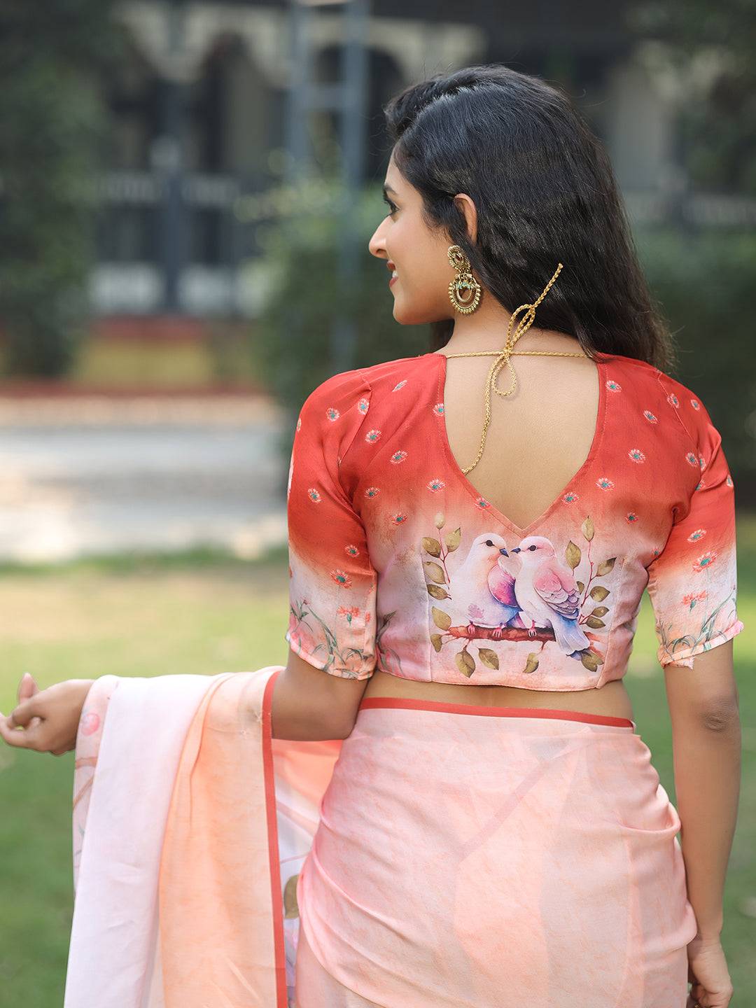 Satin Georgette Peach Colour Hand Print Saree - Luxe by My Store