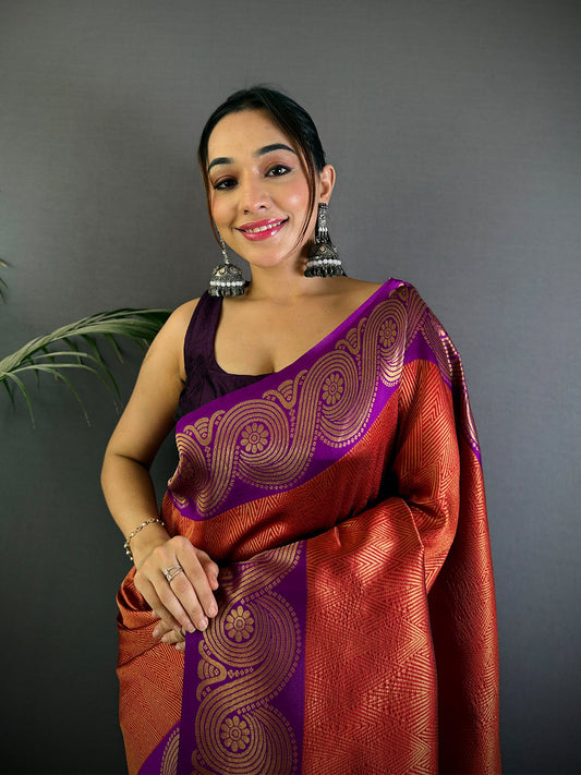 Rust Orange Banarasi Katan Silk Saree by My Store