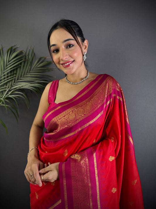 Rose Red Gadwal Border Soft Silk Saree by My Store