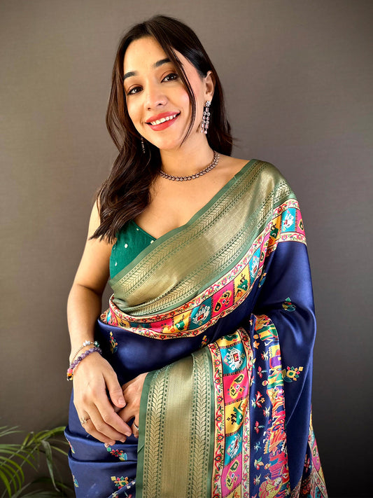 Dark Blue Mughal Kalamkari Print Pashmina Saree by My Store