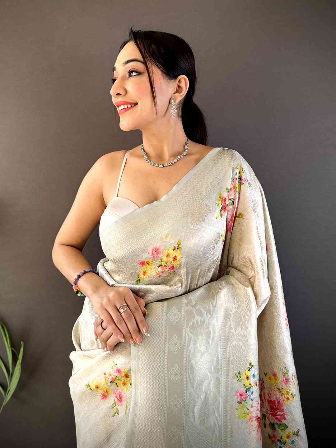 Off White Kanjivaram Digital Silk Saree by My Store
