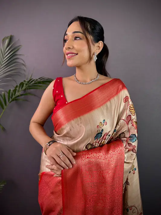Beige Cherry Satin Kalamkari Saree