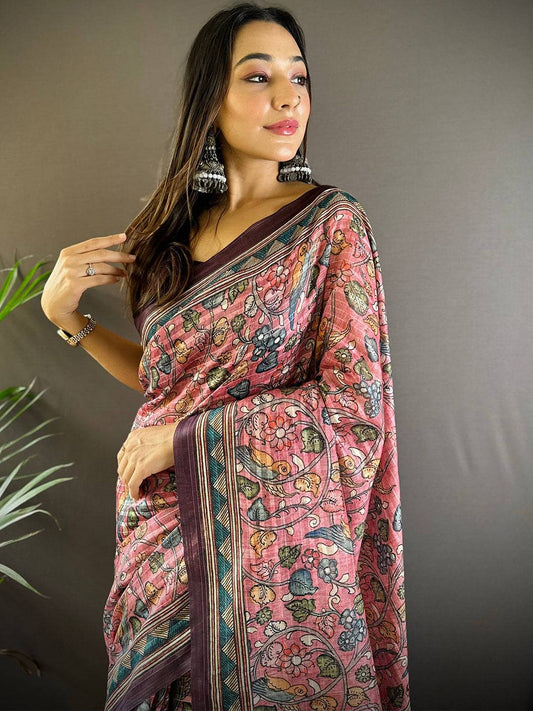 Pink Kalamkari Stripes Chanderi Saree by My Store