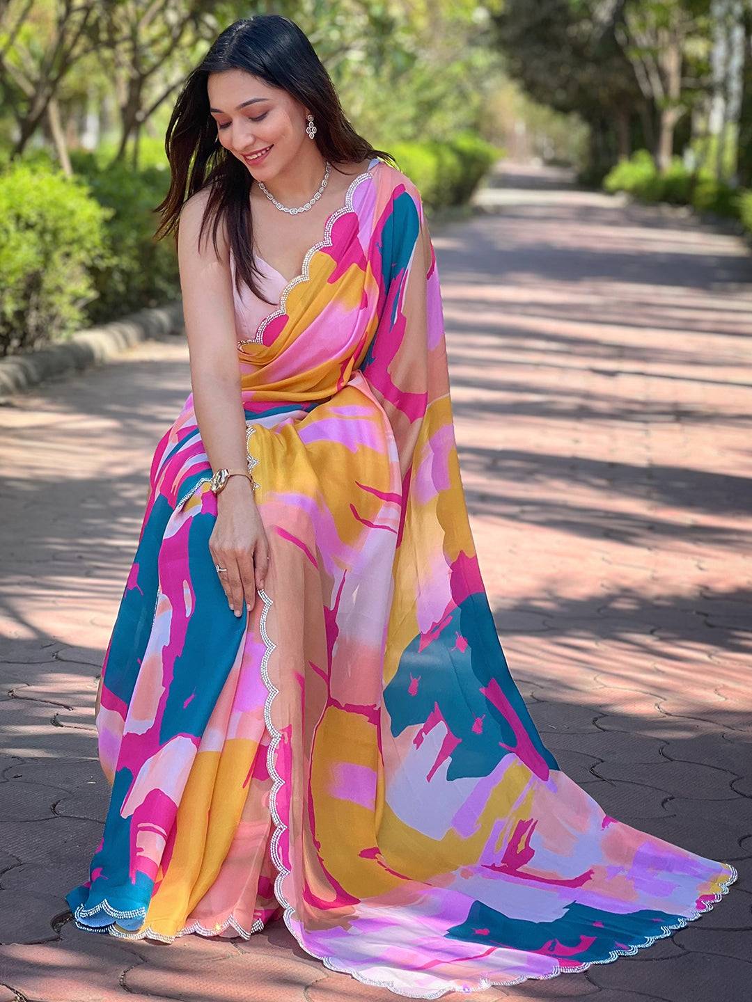 Multi Satin Georgette Floral Print Saree by My Store