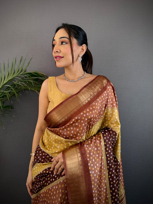 Brown Soft Dola Bandhej Print Saree by My Store