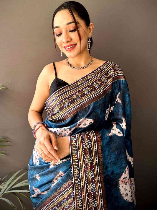 Dark Blue Soft Silk Fish Kalamkari Saree by My Store