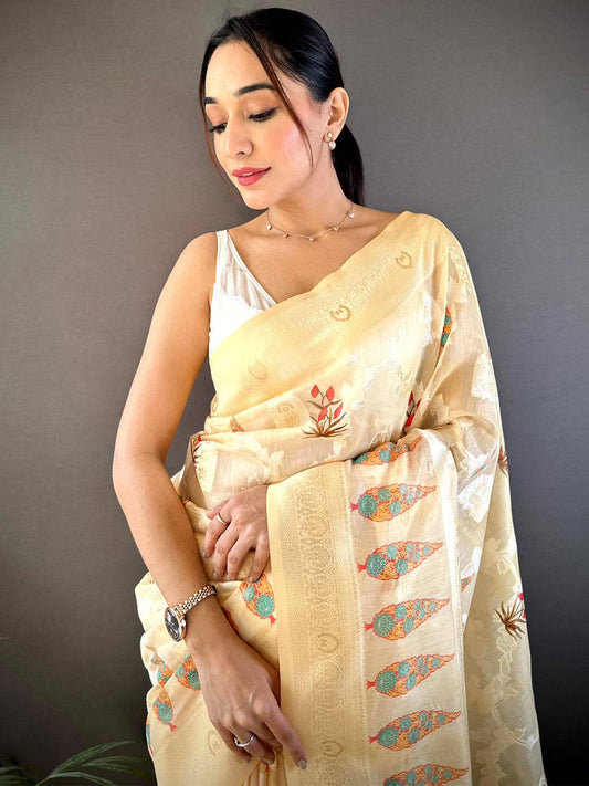 Cream Lakhani Cotton Kalamkari Print Saree by My Store