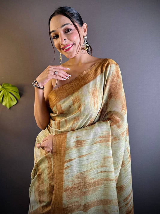 Dusty Green Shibori Print Linen Saree by My Store