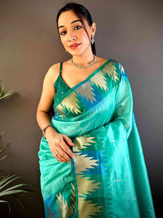 Sky Blue Banarasi Raw Silk Ikkat Saree by My Store