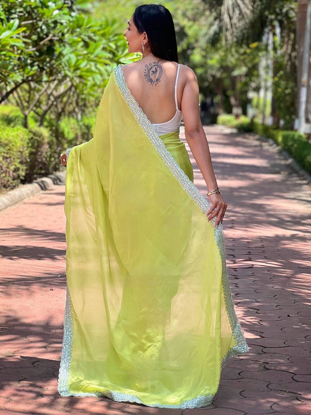 Carnation Green Pure Viscose Dyed Saree by My Store