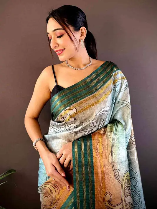 Teal Soft Silk Abstract Geometric Saree