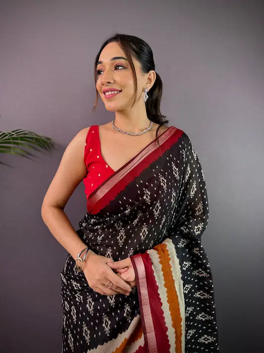 Black Pure Cotton Viscose Ikkat Print Saree