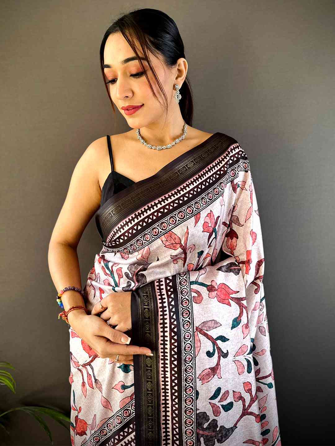 Off White Soft Silk Kalamkari Print Saree by My Store