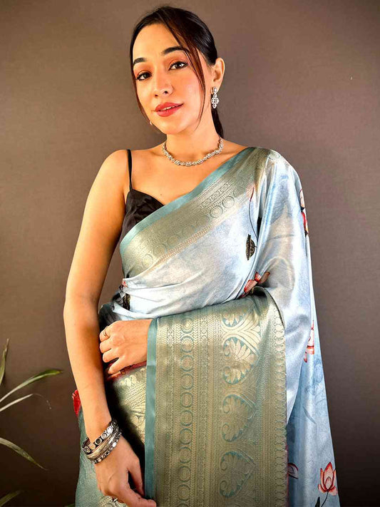 Sky Blue Pichwai Print Soft Silk Saree by My Store
