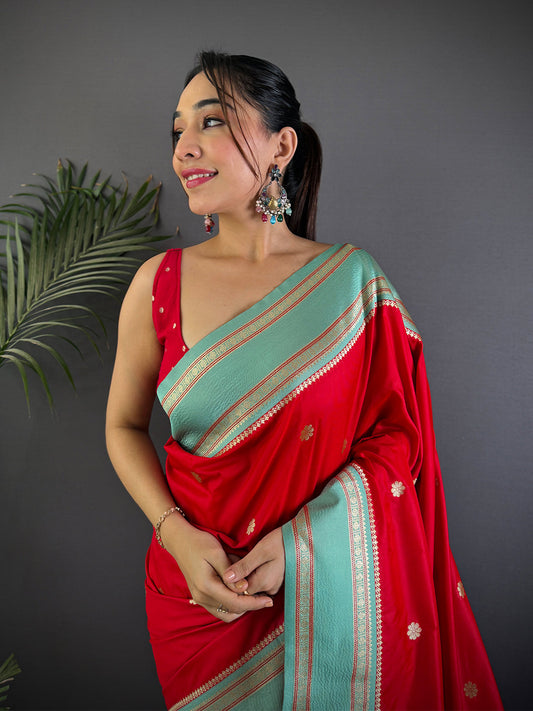 Royal Red Soft Silk Floral Butta Saree by My Store