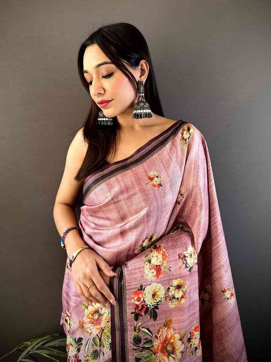 Floral Beauty in Mauve Tussar Zari Saree by My Store