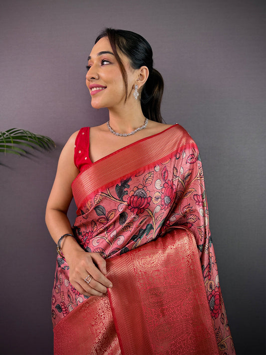 Dark Peach Cherry Satin Kalamkari Saree by My Store