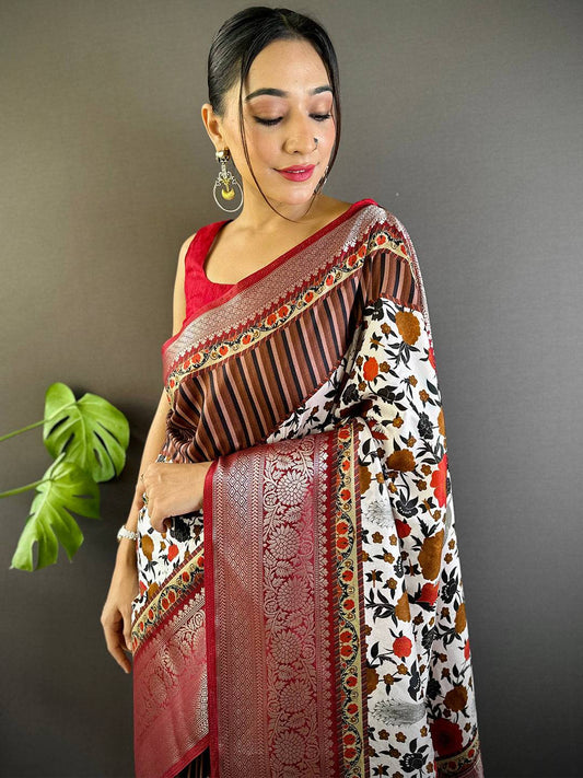 Brown Floral Peacock Fusion Saree by My Store