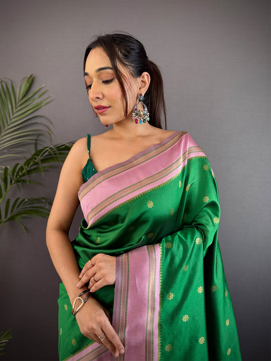 Green Silk Blend Floral Saree by My Store