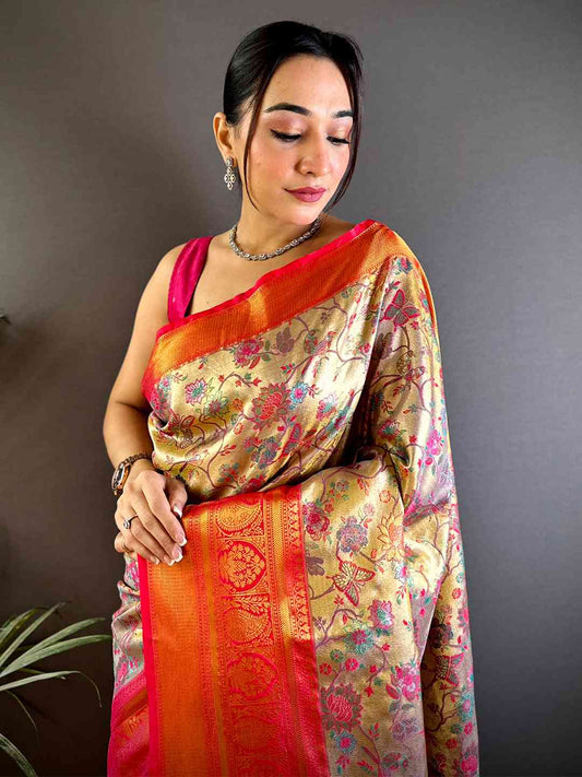 Elegant Red Butterfly Floral Dharmavaram Saree by My Store