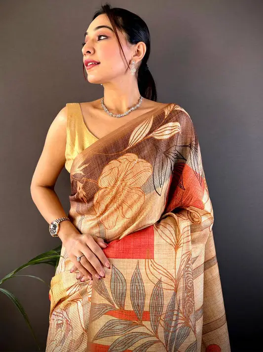 Beige Tussar Silk Floral Prints Saree