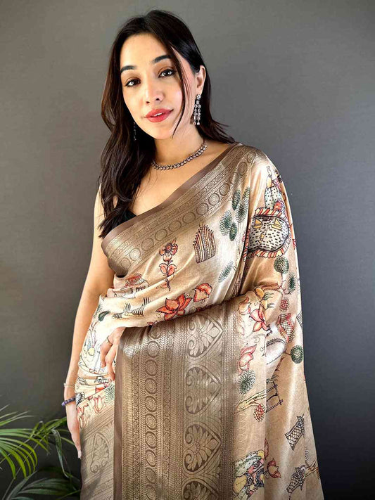 Soft Silk Kalamkari Print Saree In Peach by My Store