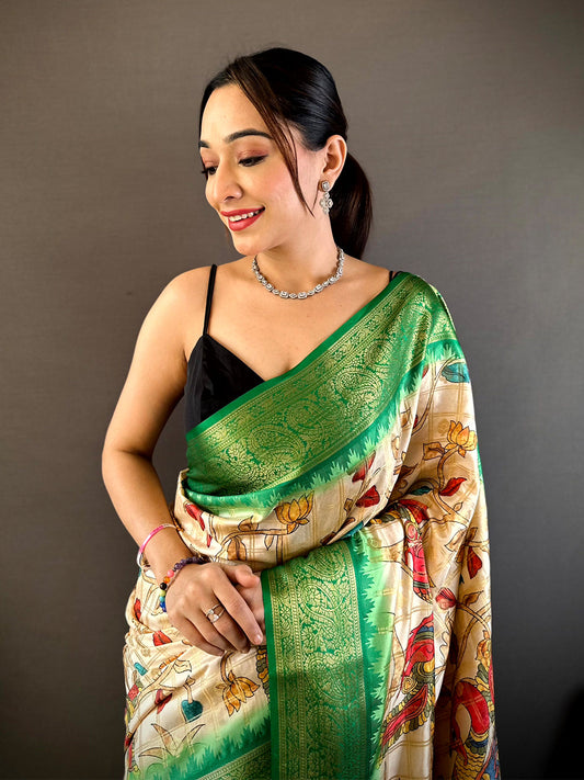 Green Banarasi Silk Pen Kalamkari Saree by My Store