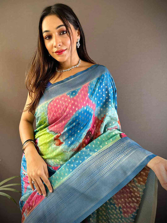 Dark Blue Banarasi Ombre Print Saree by My Store