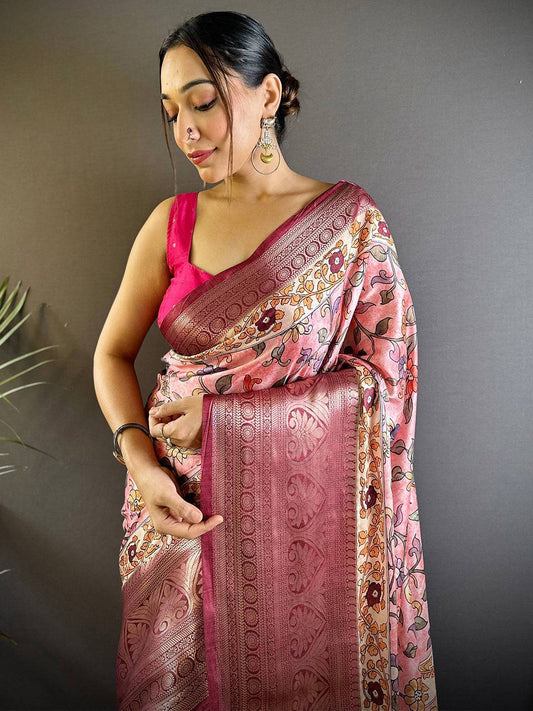 Rose Pink Floral Kalamkari Print Saree by My Store