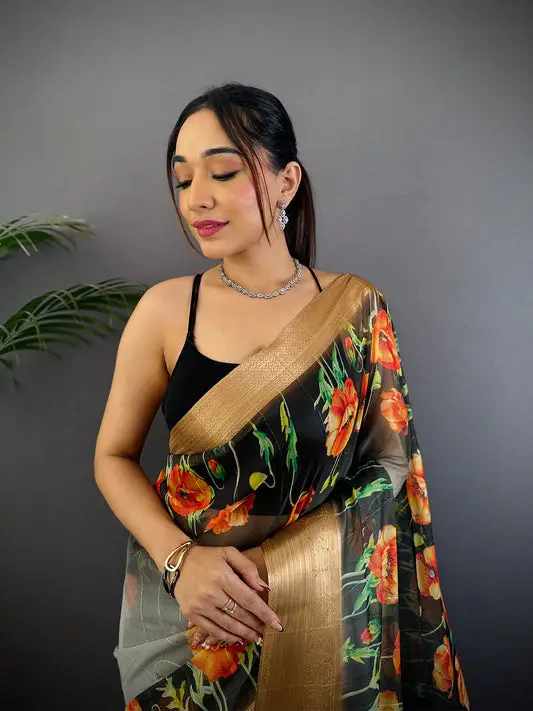 Black Soft Organza Digital Print Saree