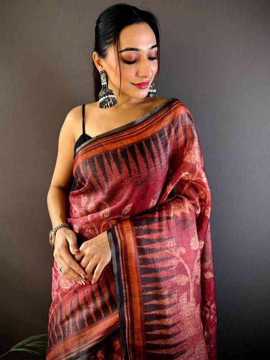 Rust Red Floral Stripes Tissue Saree by My Store