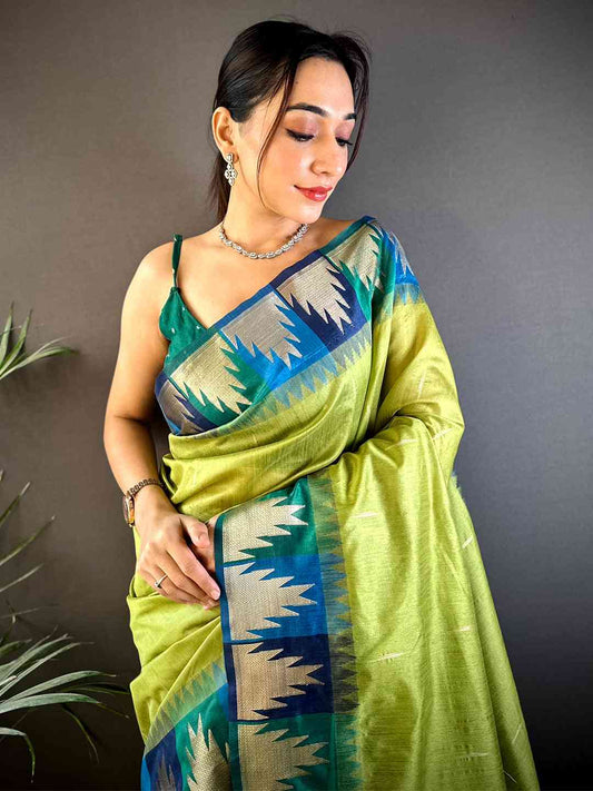 Green Banarasi Raw Silk Ikkat Saree by My Store