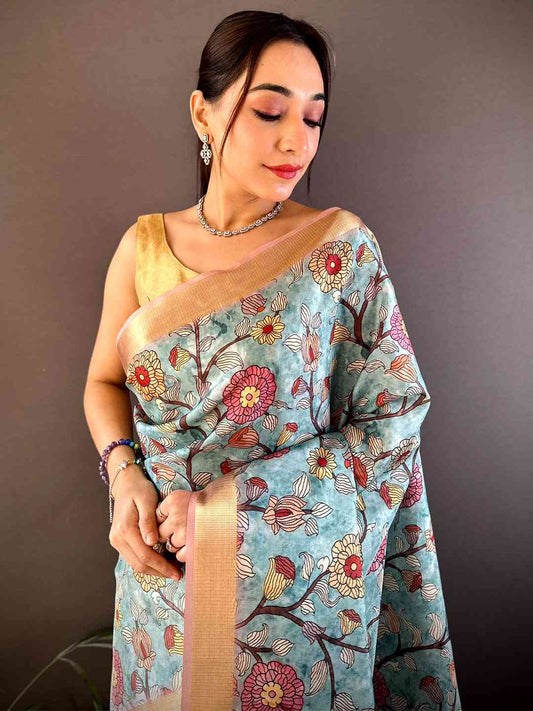 Sky Blue Soft Silk Tissue Floral Print Saree by My Store