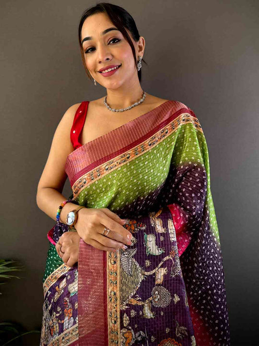 Vibrant Silk Blend Bandhani Print Saree