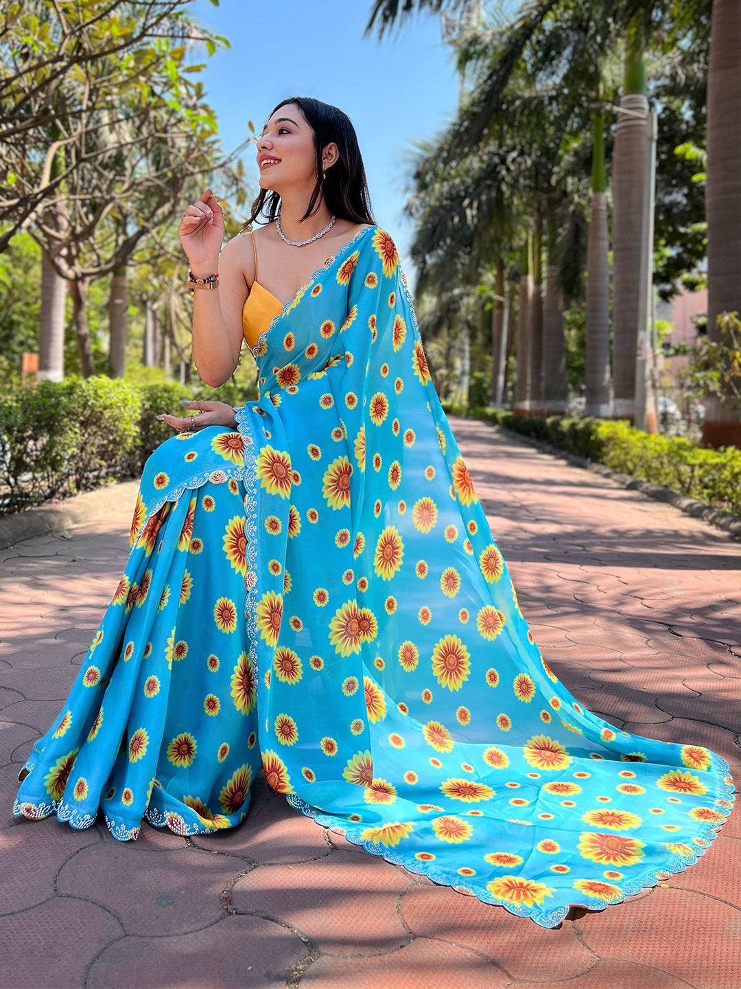 Blue Pure Satin Georgette with Zircon Swarovski Border Saree