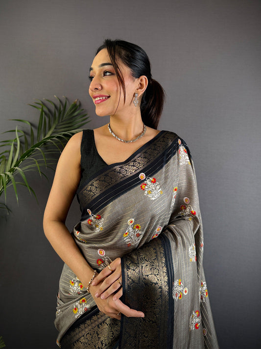 Grey Dola Silk Ajrakh Saree by My Store