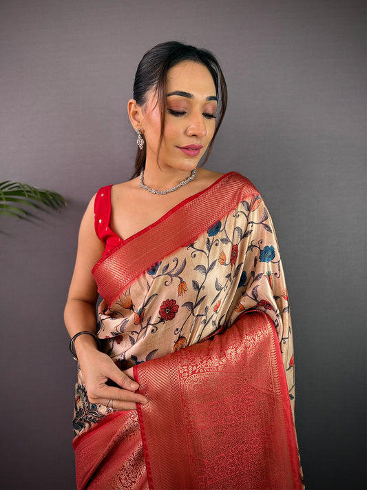 Cream Cherry Satin Kalamkari Saree by My Store