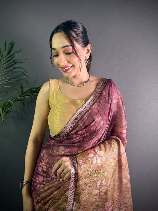 Maroon Linen Juth Digital Print Saree by My Store