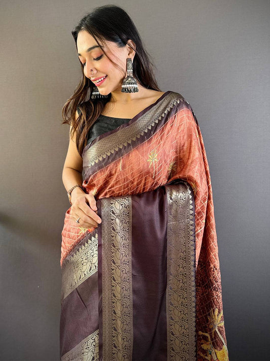 Rust Banarasi Pichwai Print Saree by My Store