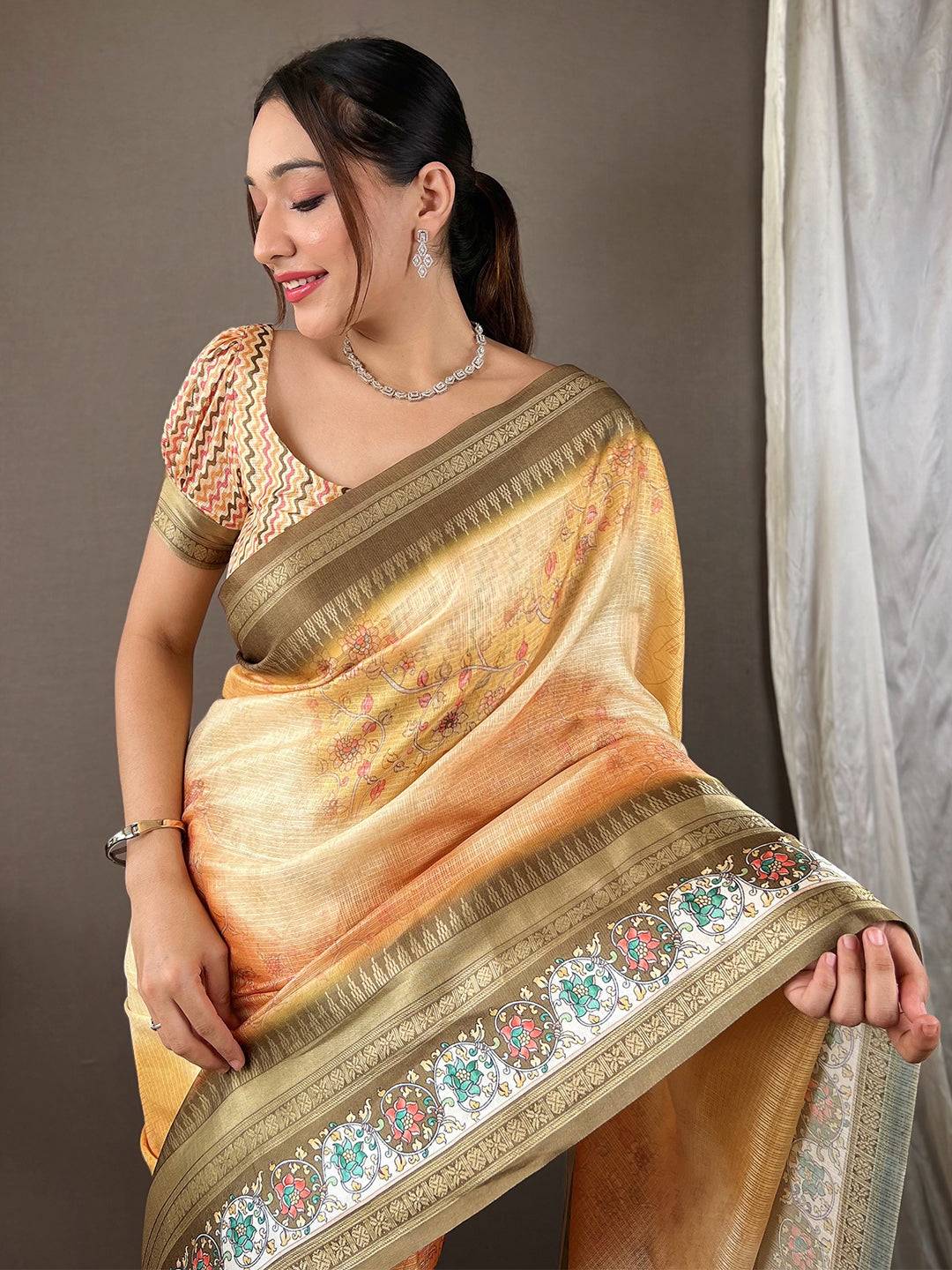 Mellow Yellow Kota Satin Border Saree by My Store