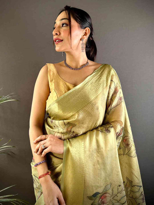 Stylish Olive Self Gold Zari Floral Print Saree by My Store