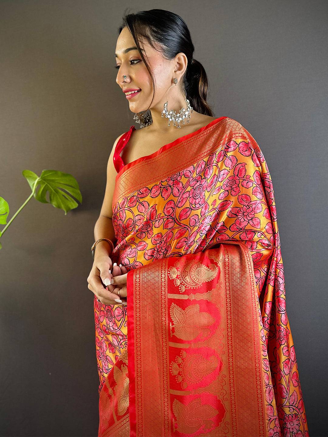 Yellow Charry Satin Floral Saree