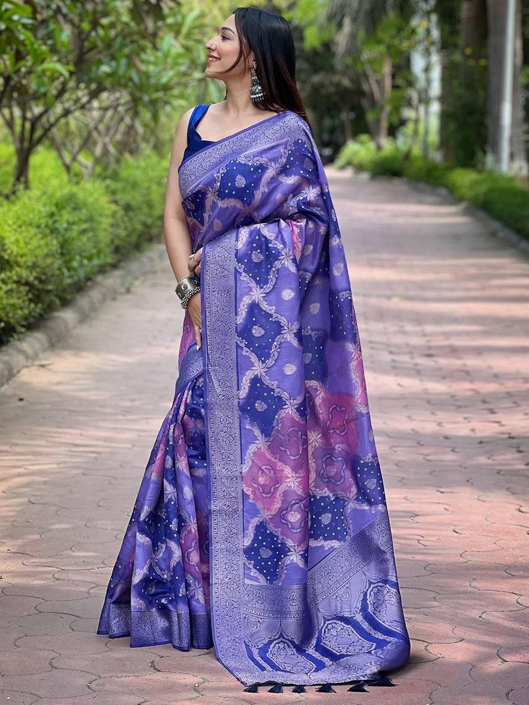 Purple Digital Block Placement Print Saree by My Store